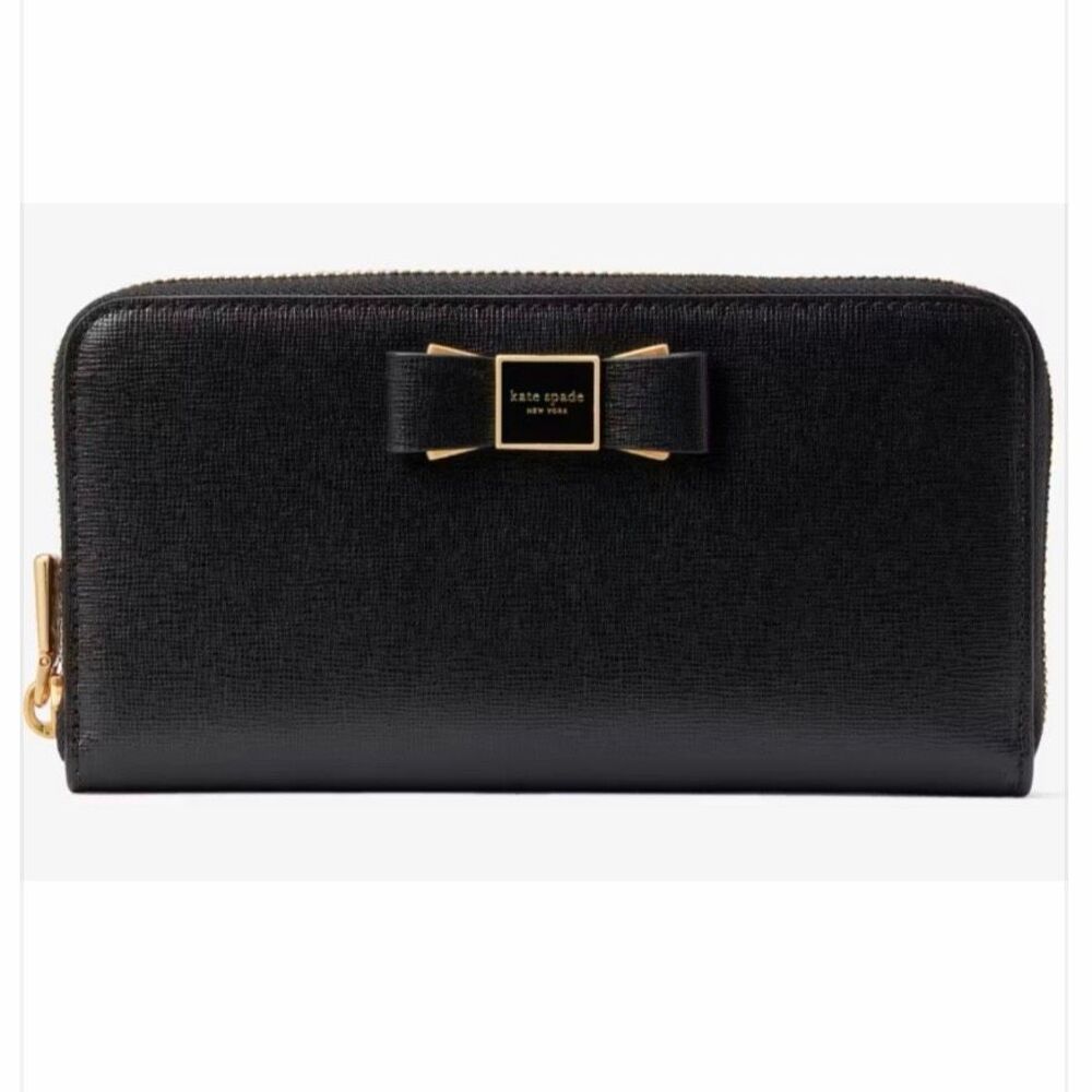 NWT Kate Spade Black Leather Morgan Bow Embellished Zip Around Continental Walle - Picture 10 of 16